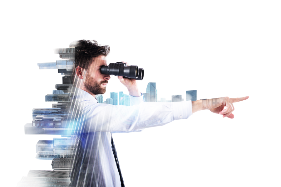 Businessman looks through binoculars away with city and aircraft on background Bild: alphaspirit/stock.adobe.com