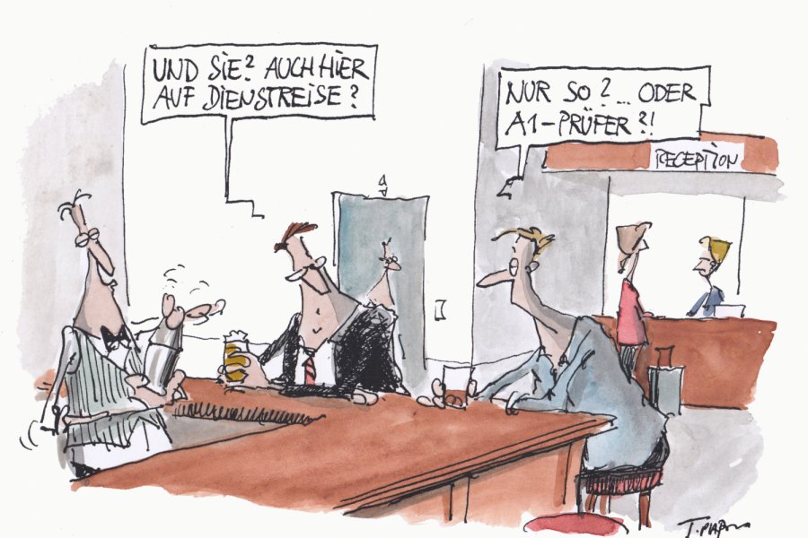 Cartoon AuA 8/19 "Entsendung" Bild: Thomas Plaßmann