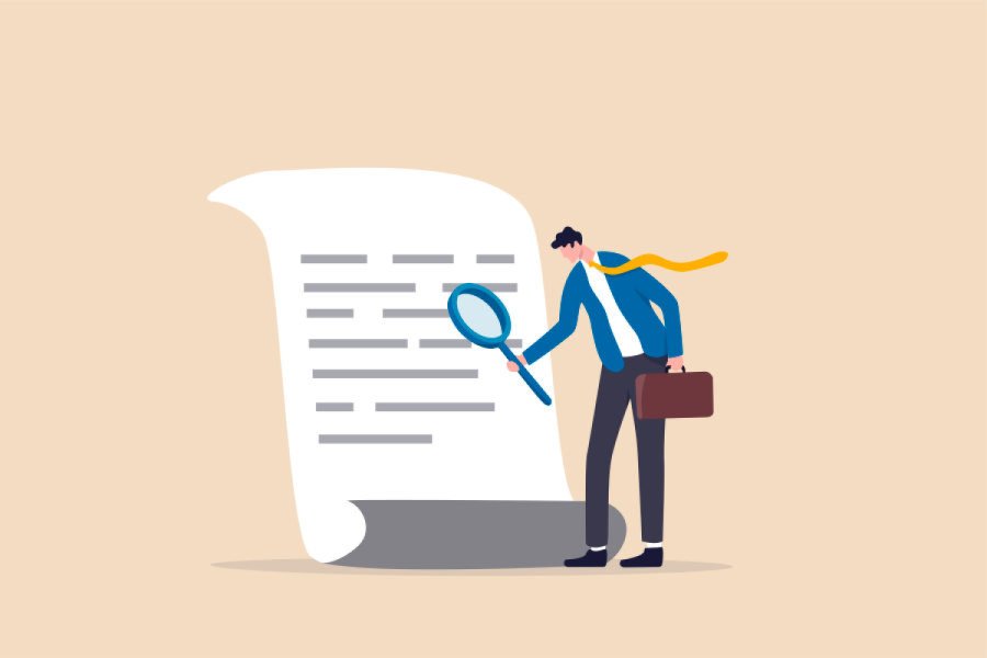 Document checking, agreement or contract validation, financial or budget analysis, search for document files concept, businessman manager holding big magnifying glass checking document paper. Bild: Nuthawut/stock.adobe.com