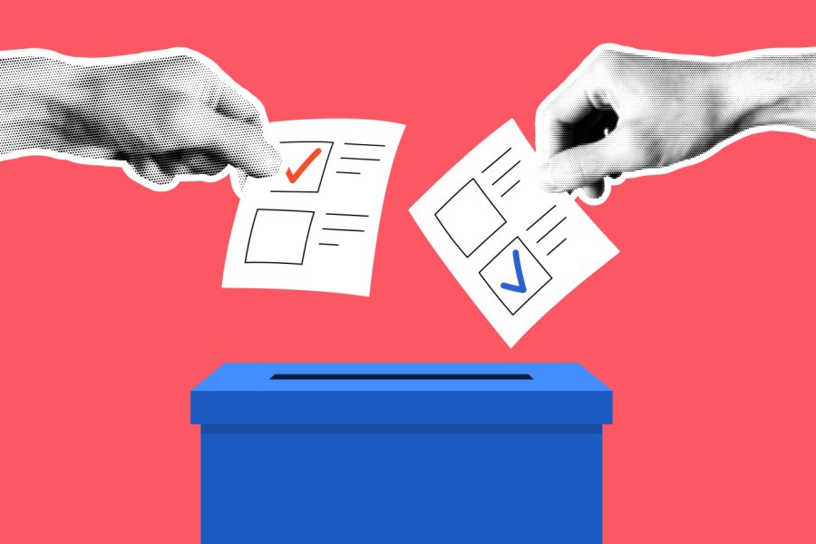 Illustration in Form einer Collage: zwei Hände werfen Wahlzettel in eine Wahlurne