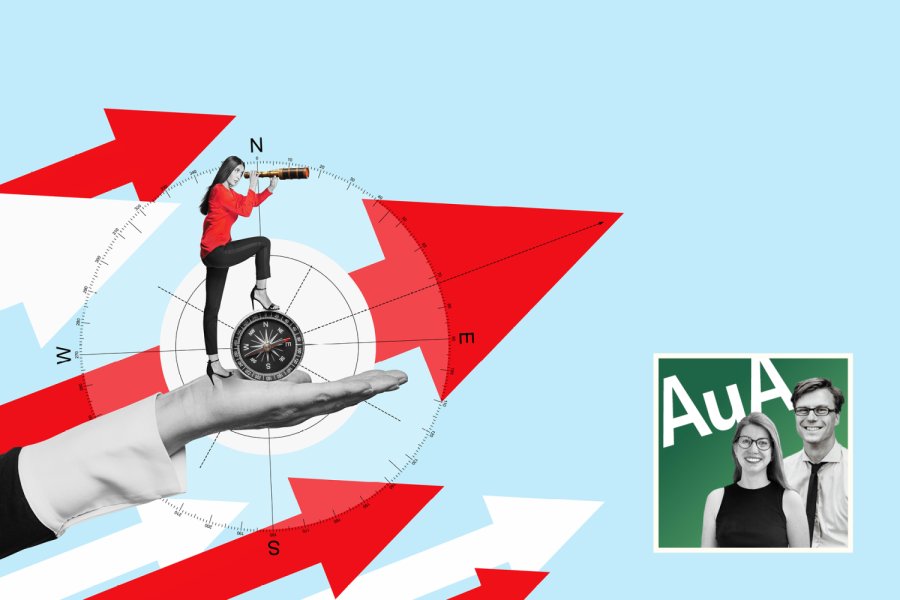 Illustration einer Frau, die auf einer Hand stehend durch ein Fernglas schaut, im Hintergrund Navigationskoordinaten ähnlich einem Kompass