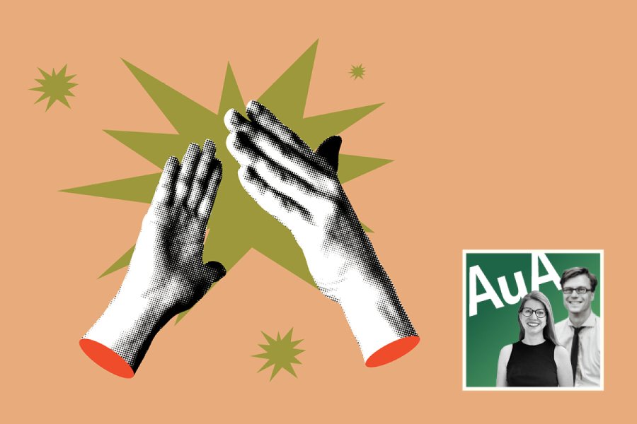 Collage: zwei Hände die klatschen, AuA Podcast Logo
