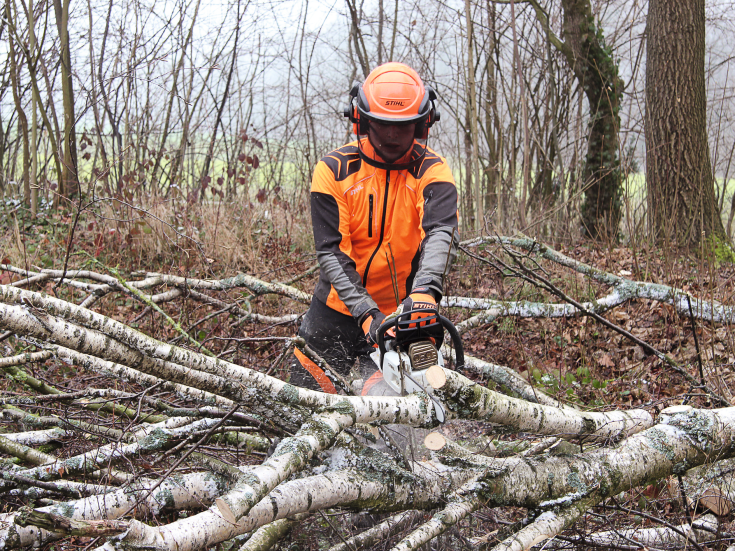 STIHL Mitarbeiter fällt Bäume und schneidet Hecken im SOS-Kinderdorf Württemberg zurück. Bild: ANDREAS STIHL AG & Co. KG
