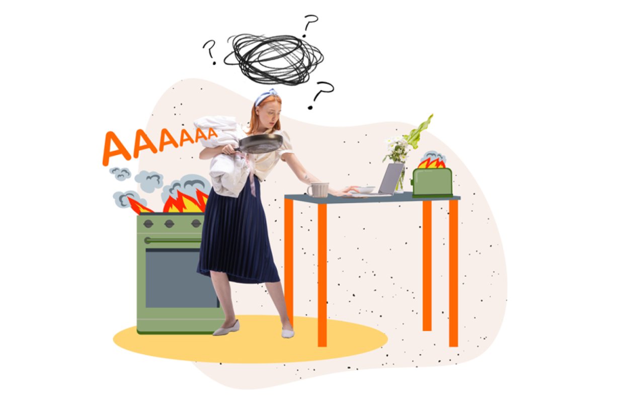 Mutter kümmert sich um Job, Haushalt und Kind gleichzeitig